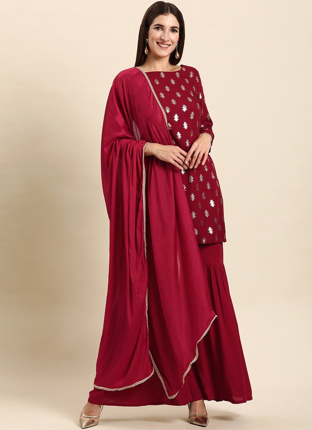 Palazzo Salwar Suit Rayon Maroon Foil Print Salwar Kameez