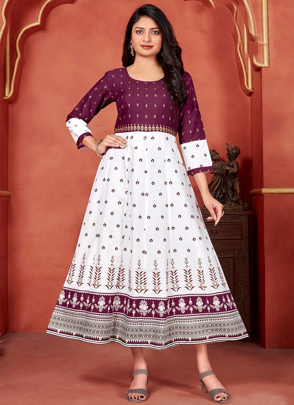 Party Wear Kurti Rayon Burgundy White Foil Print Kurtis