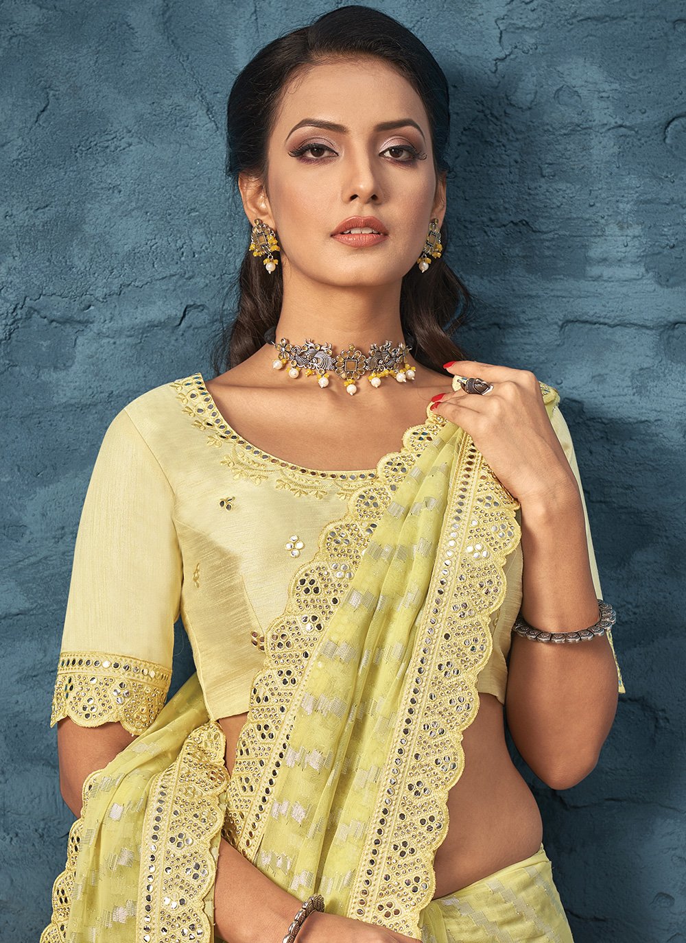 Trendy Saree Georgette Jacquard Yellow Embroidered Saree