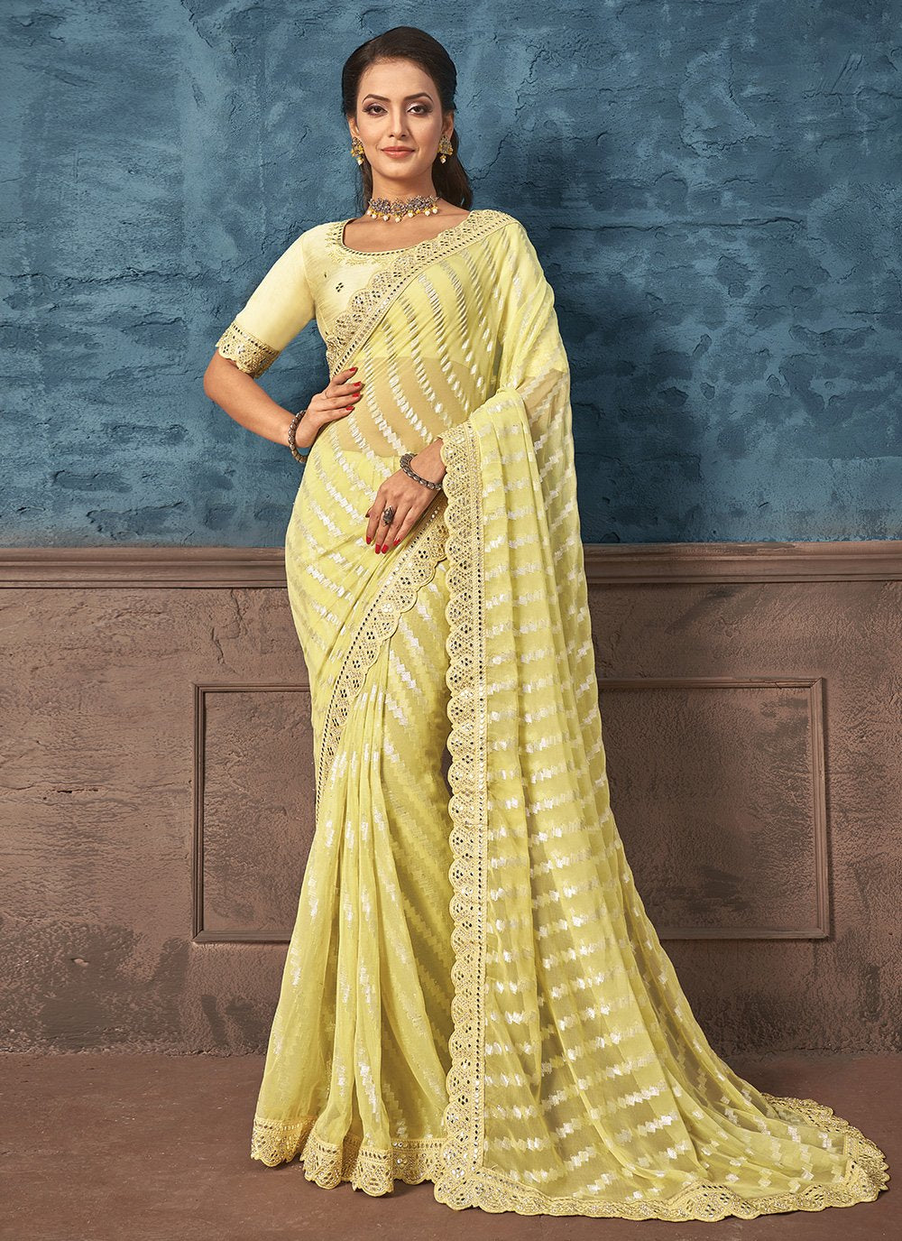 Trendy Saree Georgette Jacquard Yellow Embroidered Saree