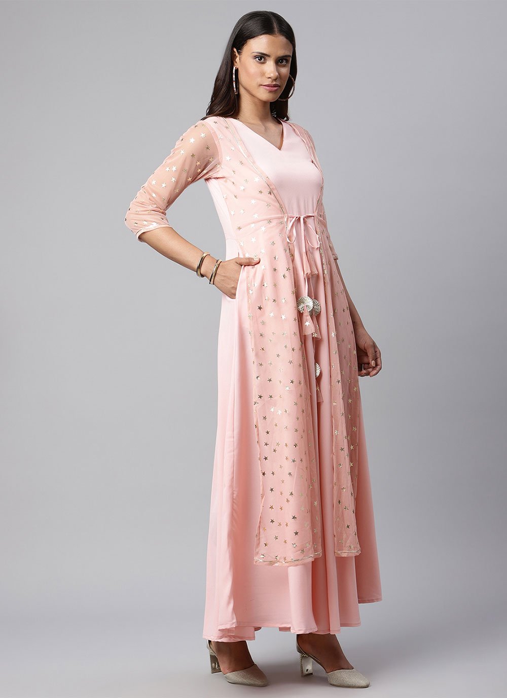 Floor Length Kurti Crepe Silk Pink Foil Print Kurtis