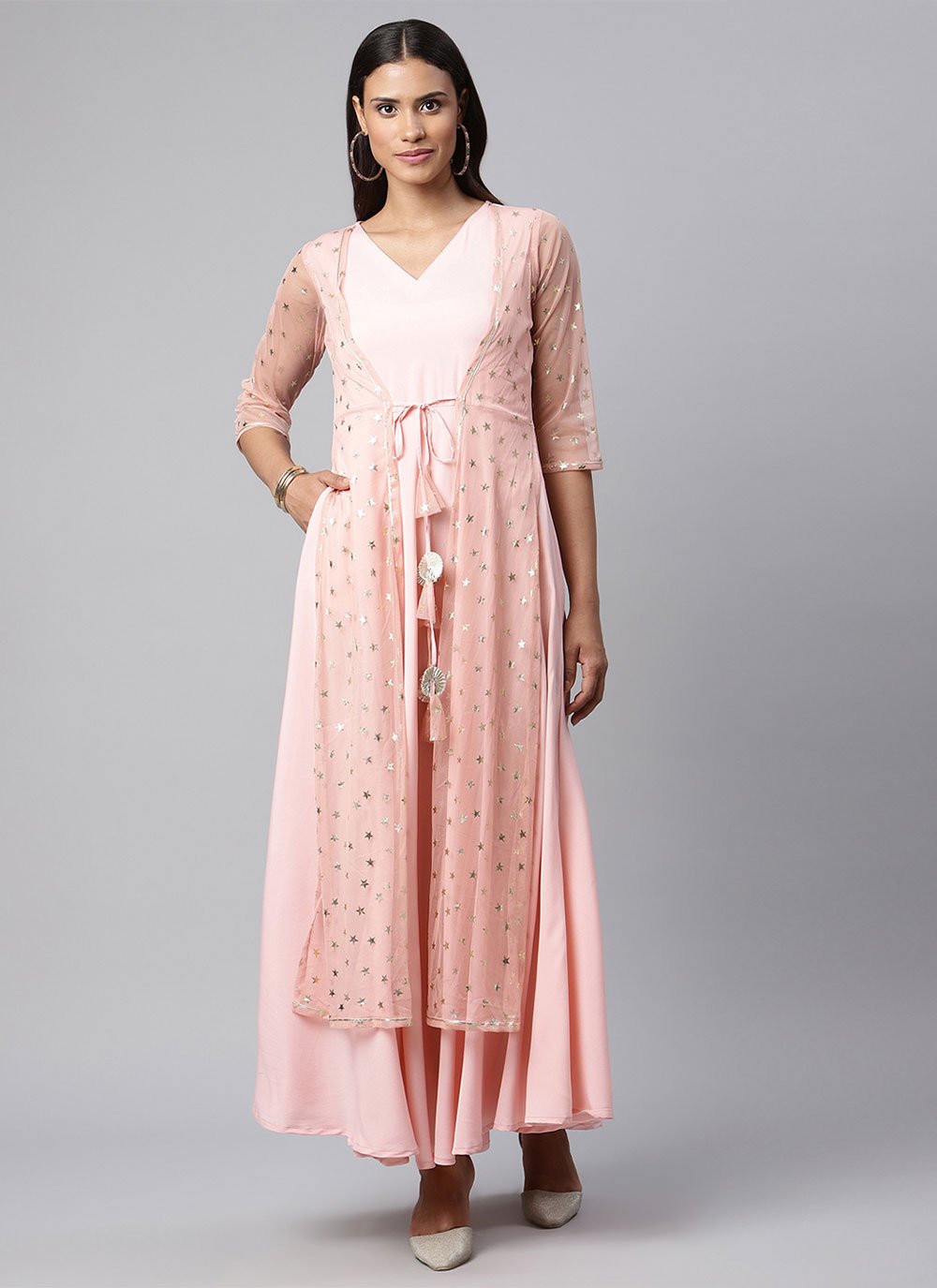 Floor Length Kurti Crepe Silk Pink Foil Print Kurtis