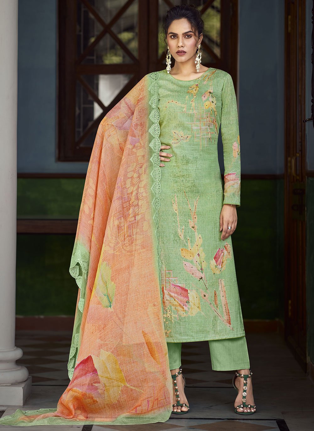 Floor Lenght Salwar Suit Georgette Sea Green Digital Print Salwar Kameez