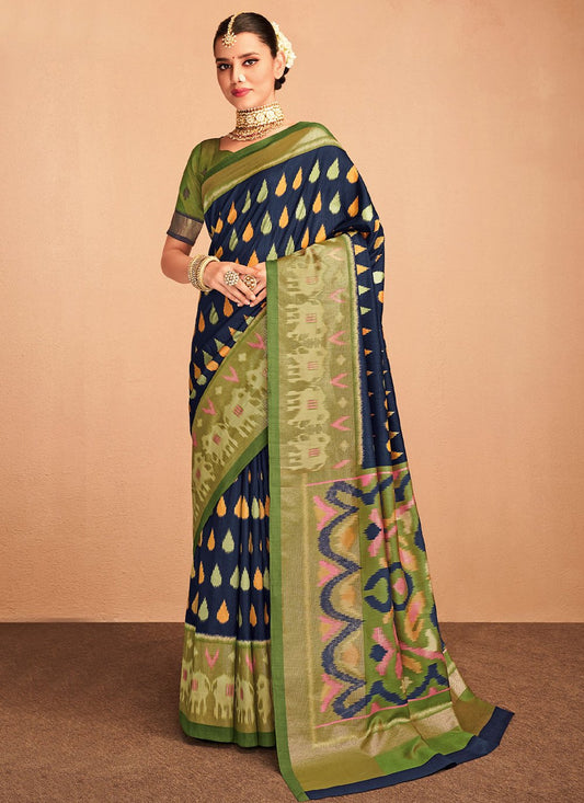 Designer Silk Blue Foil Print Saree