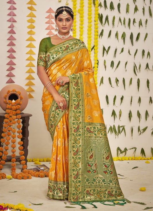 Traditional Saree Silk Yellow Foil Print Saree