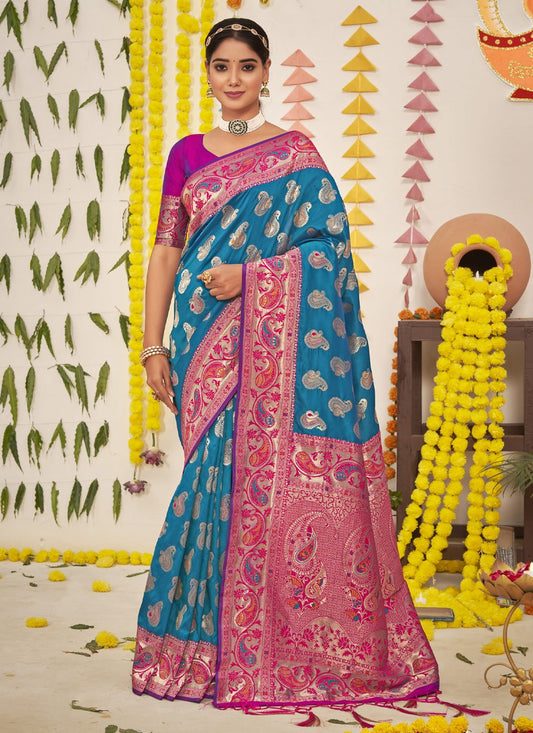 Traditional Saree Silk Firozi Foil Print Saree