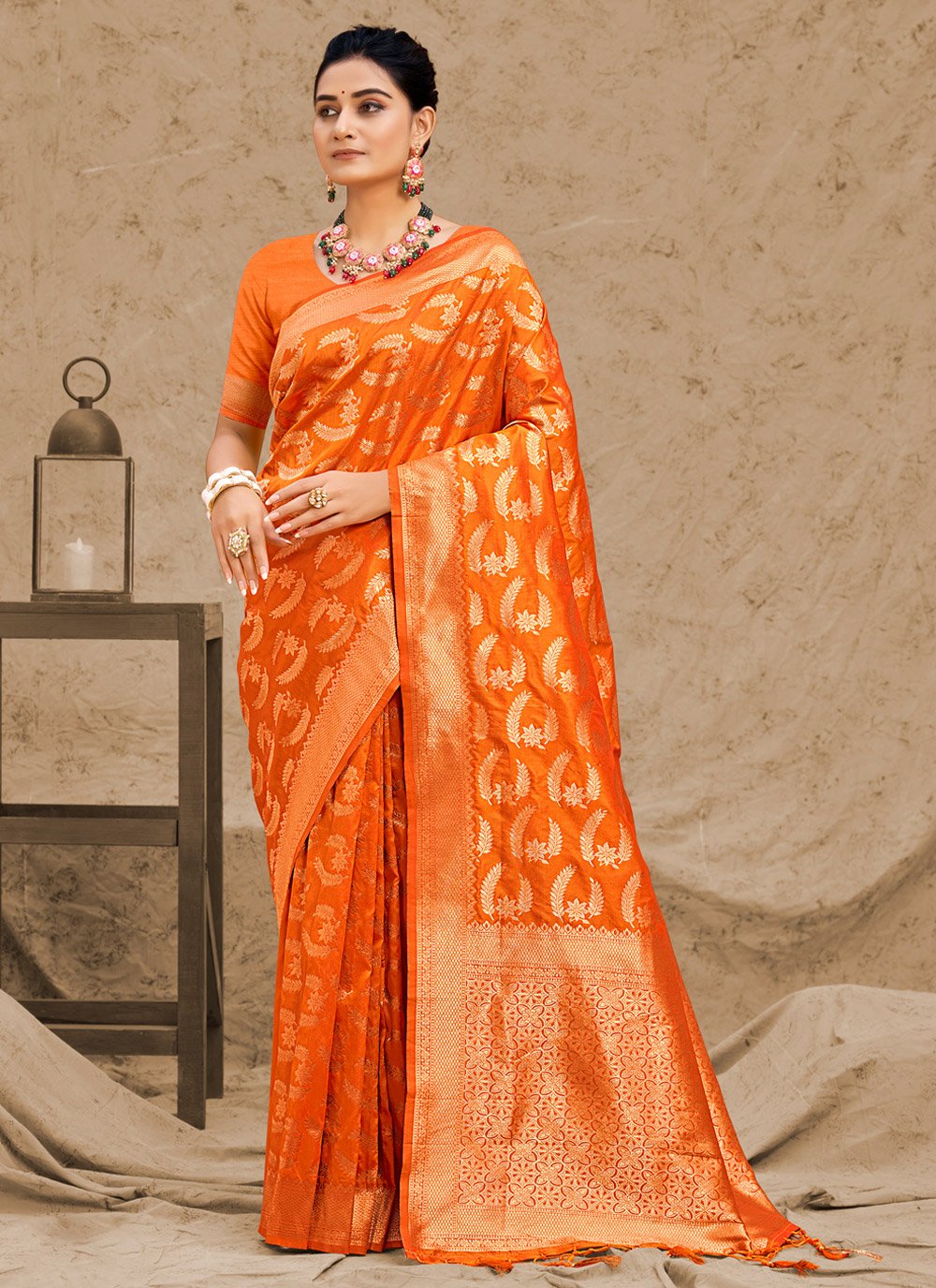 Traditional Saree Silk Orange Foil Print Saree