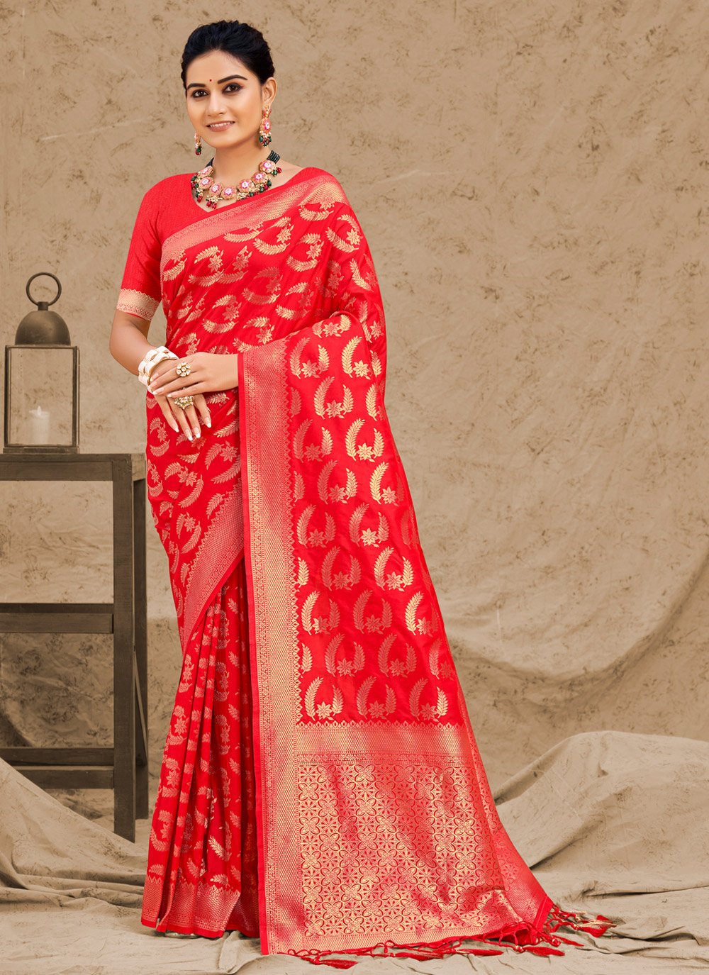 Traditional Saree Silk Red Foil Print Saree