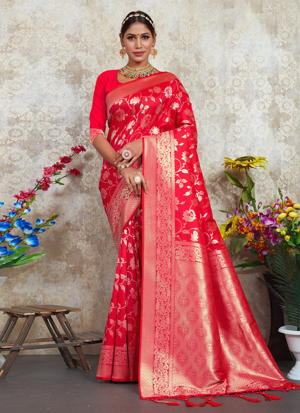 Trendy Saree Silk Red Foil Print Saree