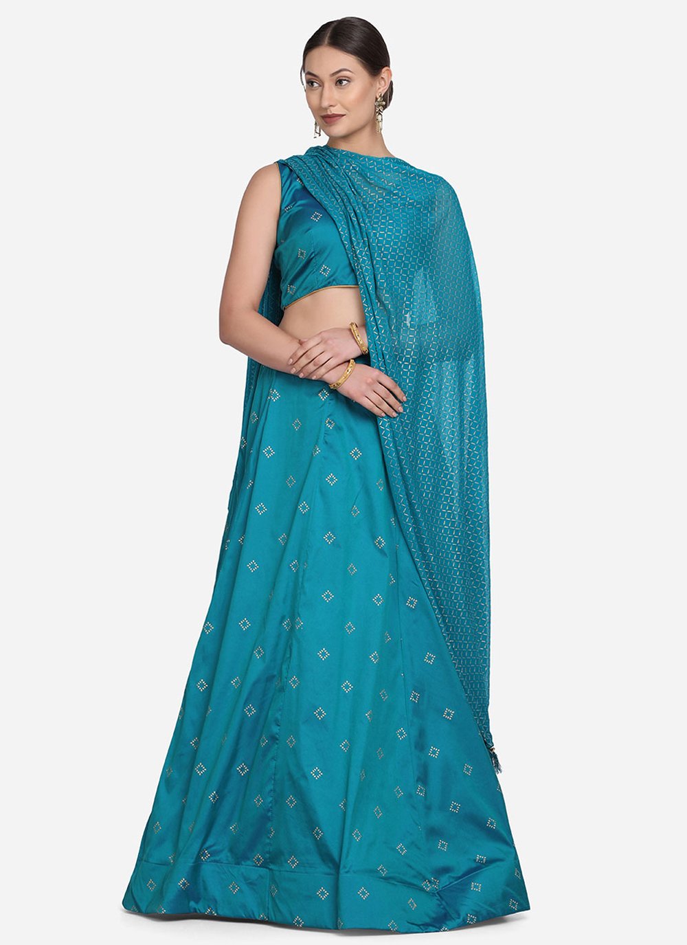 Lehenga Choli Tafeta Silk Turquoise Foil Print Lehenga Choli