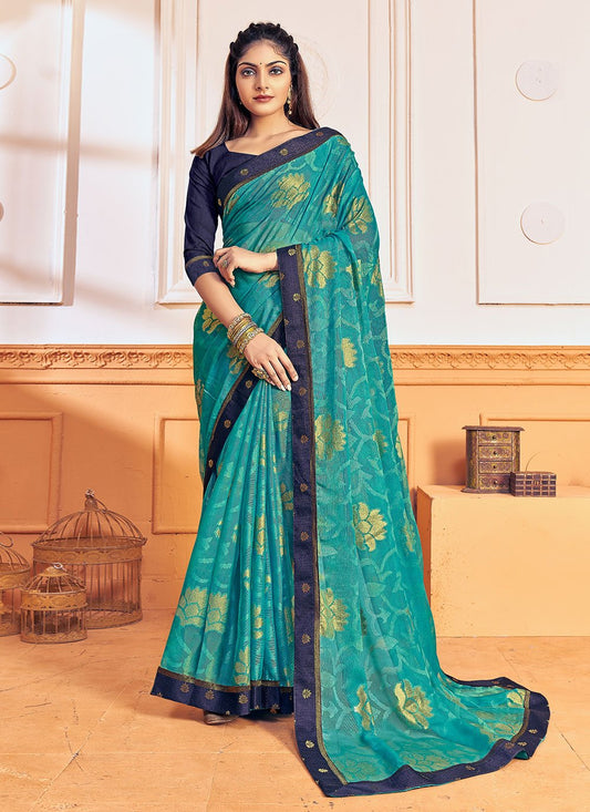 Trendy Saree Brasso Chiffon Turquoise Foil Print Saree