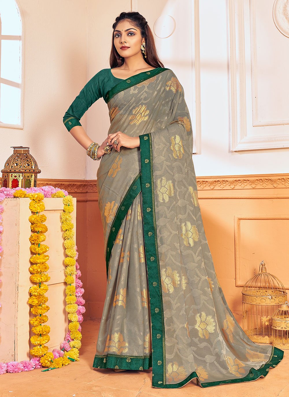 Trendy Saree Brasso Chiffon Grey Foil Print Saree