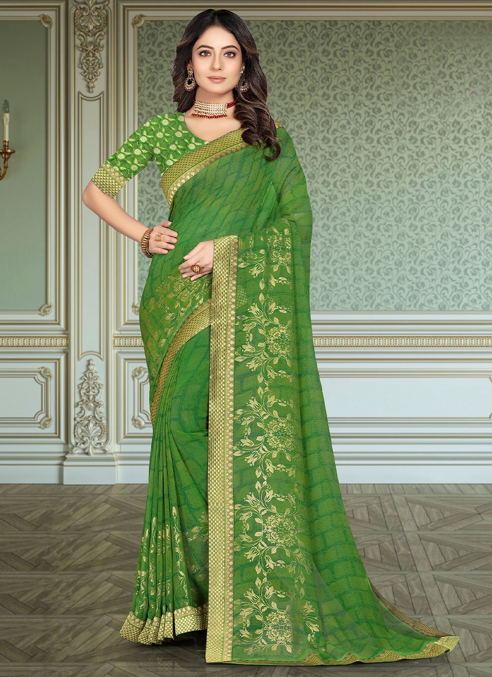 Trendy Saree Georgette Green Foil Print Saree