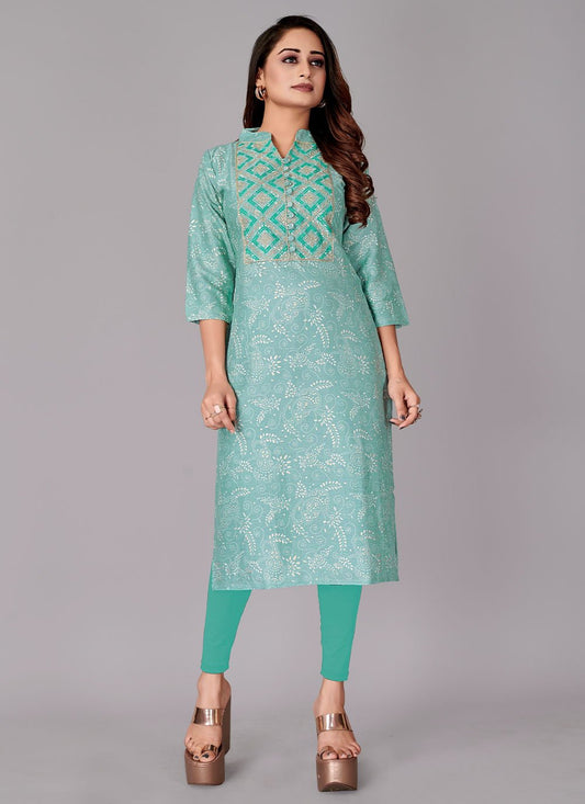 Designer Kurti Cotton Turquoise Foil Print Kurtis