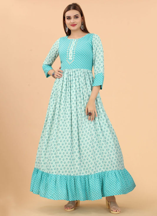 Gown Viscose Sea Green Foil Print Gown