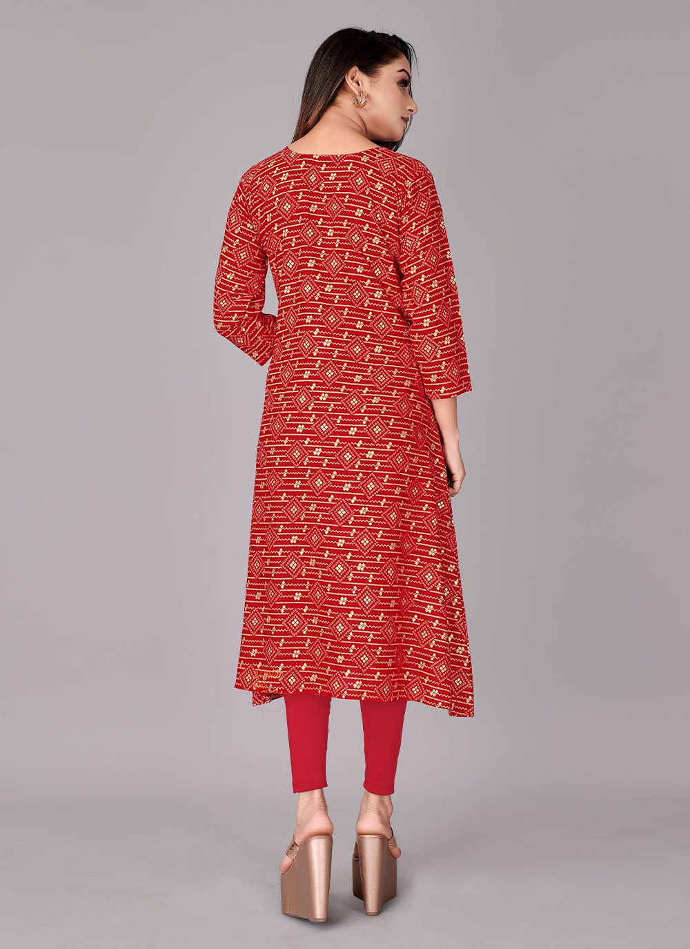 Party Wear Kurti Rayon Viscose Red Foil Print Kurtis