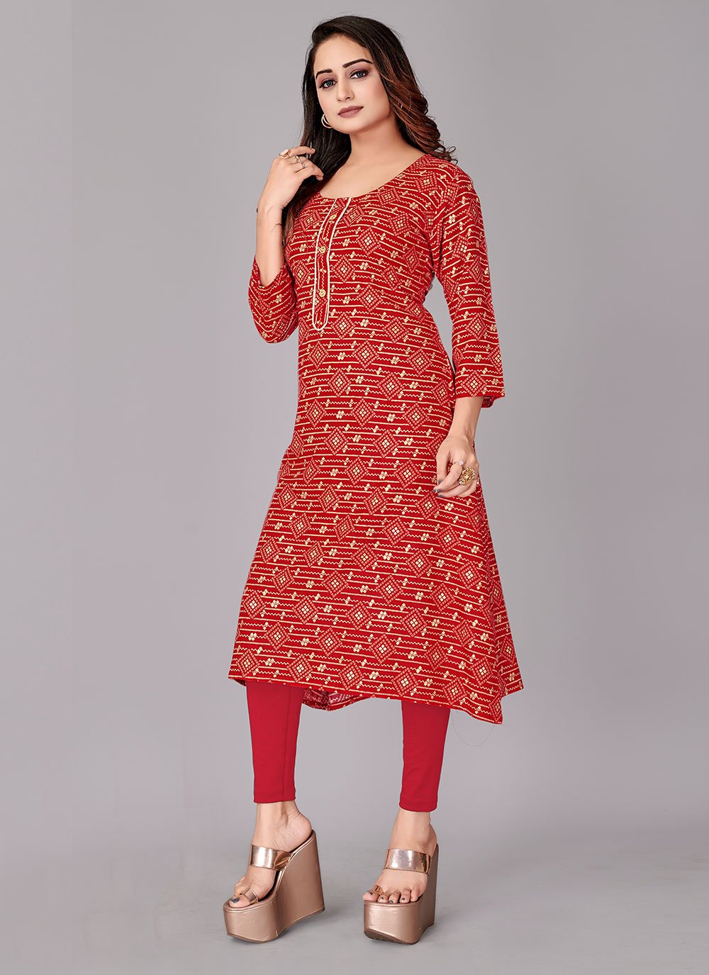 Party Wear Kurti Rayon Viscose Red Foil Print Kurtis