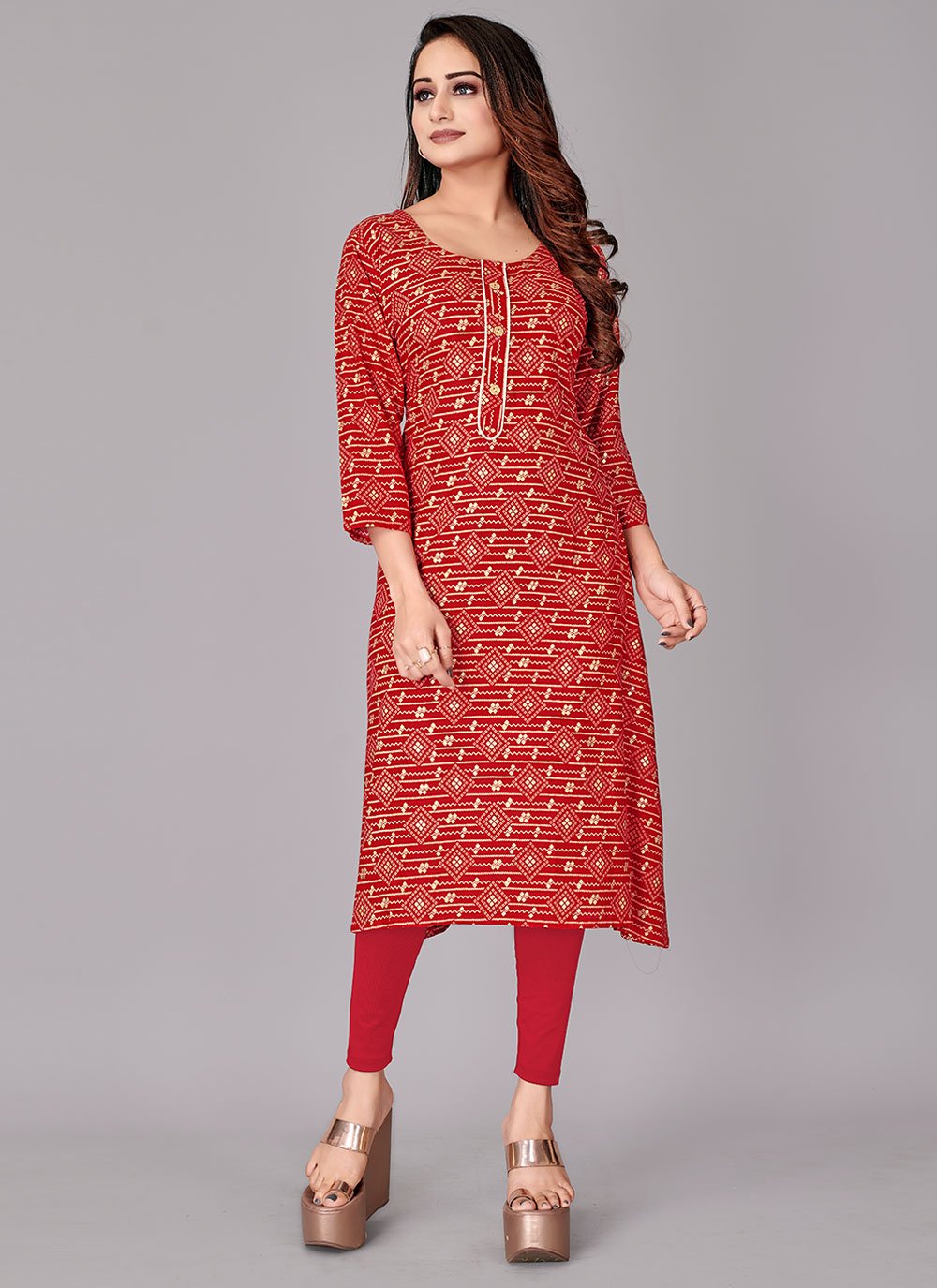 Party Wear Kurti Rayon Viscose Red Foil Print Kurtis