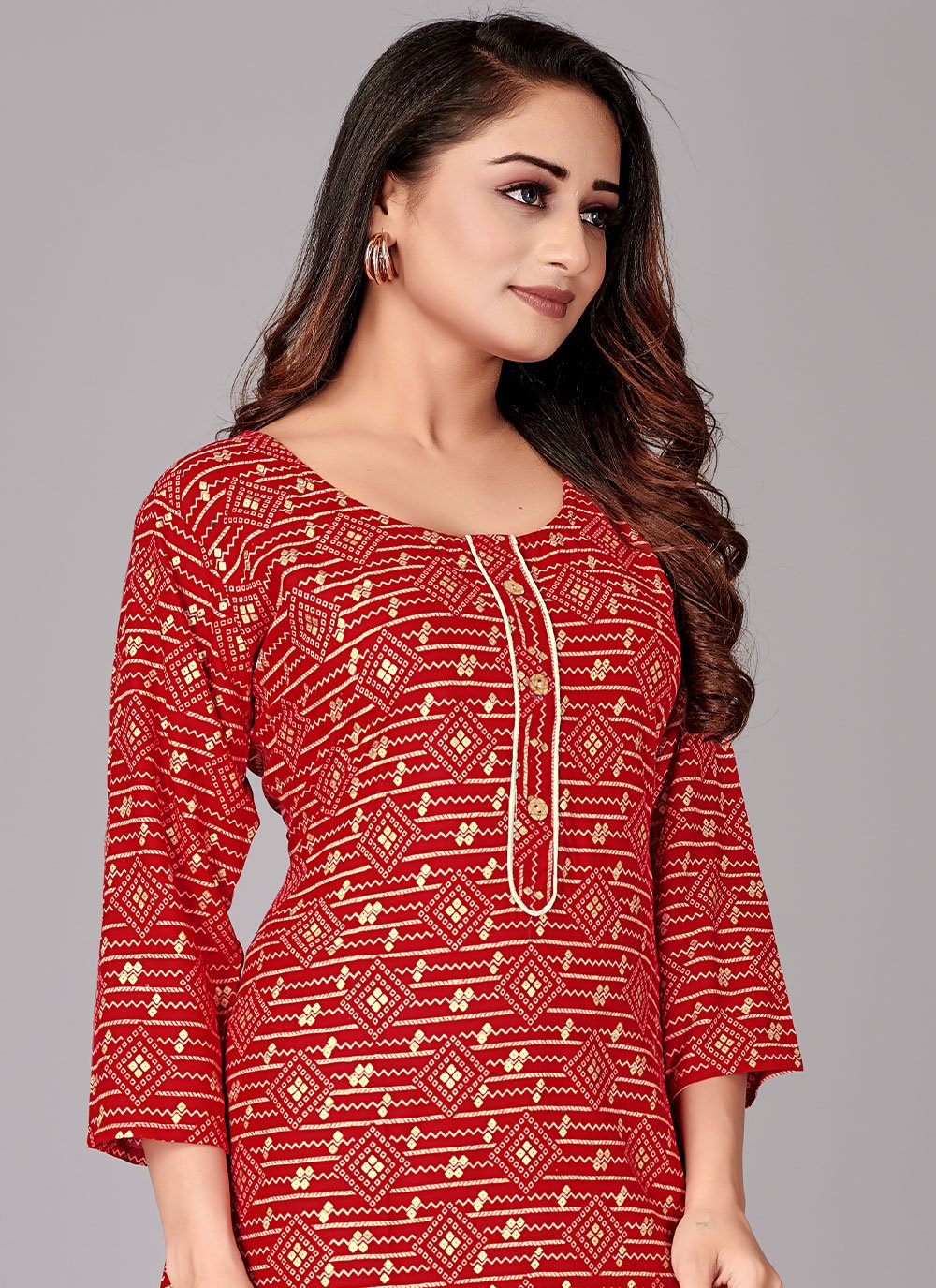 Party Wear Kurti Rayon Viscose Red Foil Print Kurtis