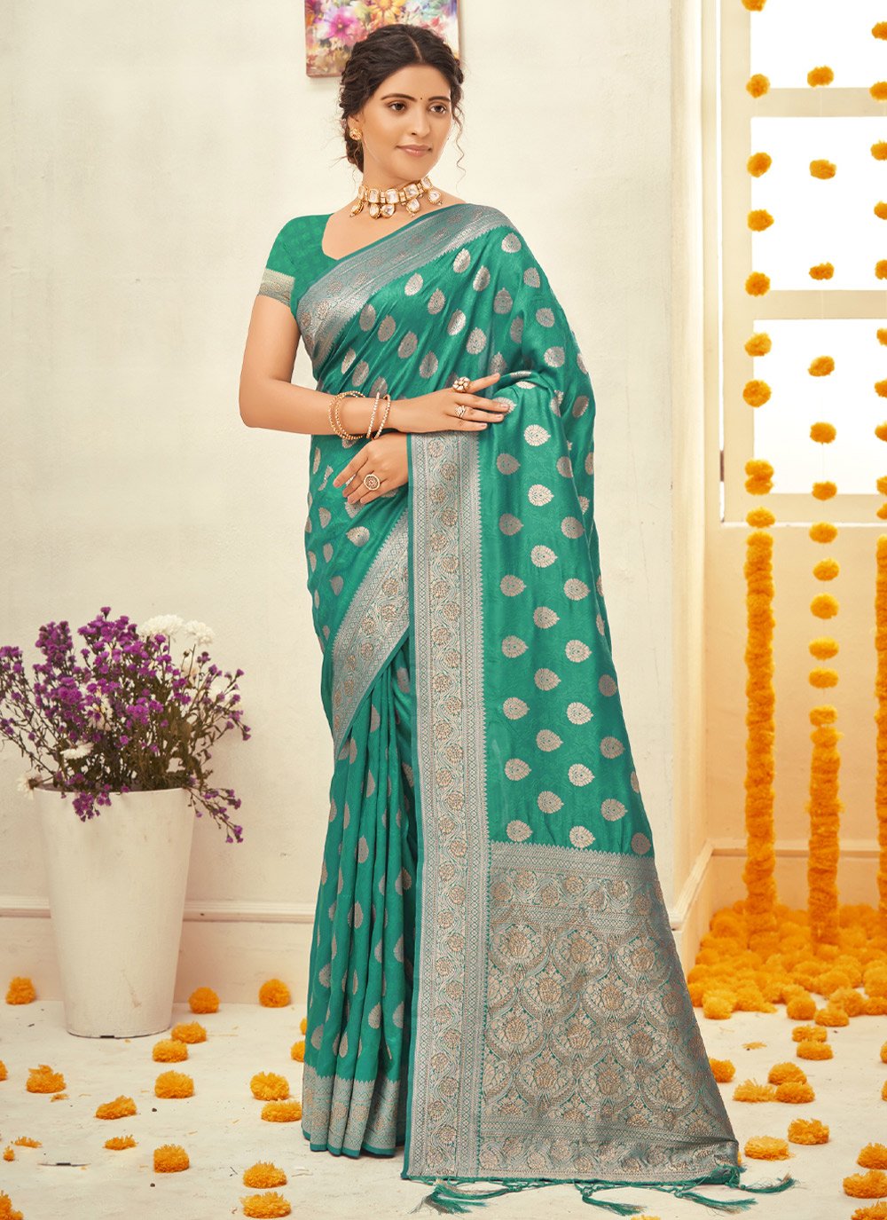 Designer Silk Green Foliage Print Saree