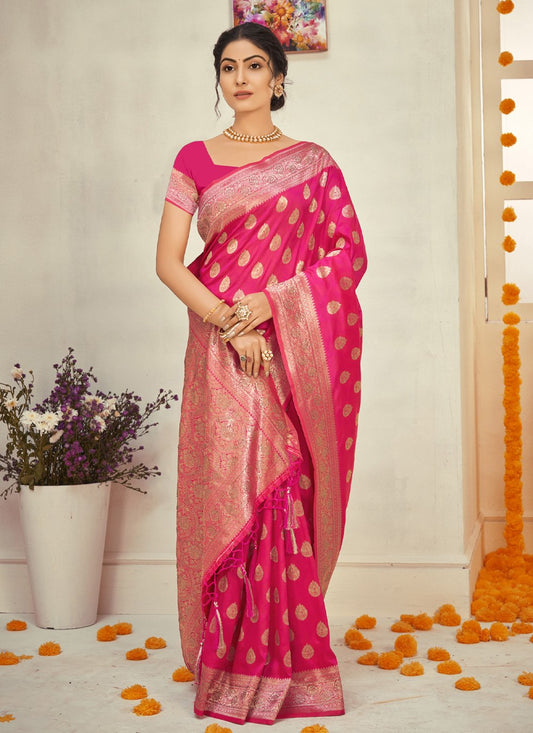 Designer Silk Magenta Foliage Print Saree