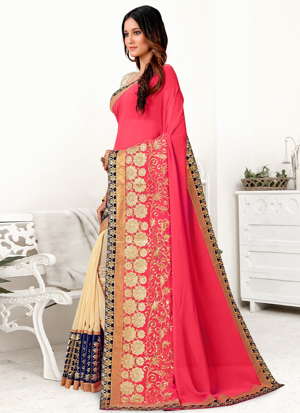 Classic Net Fuchsia Patch Border Saree