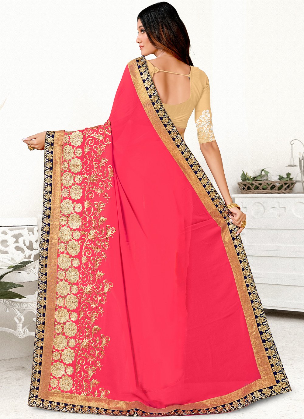 Classic Net Fuchsia Patch Border Saree