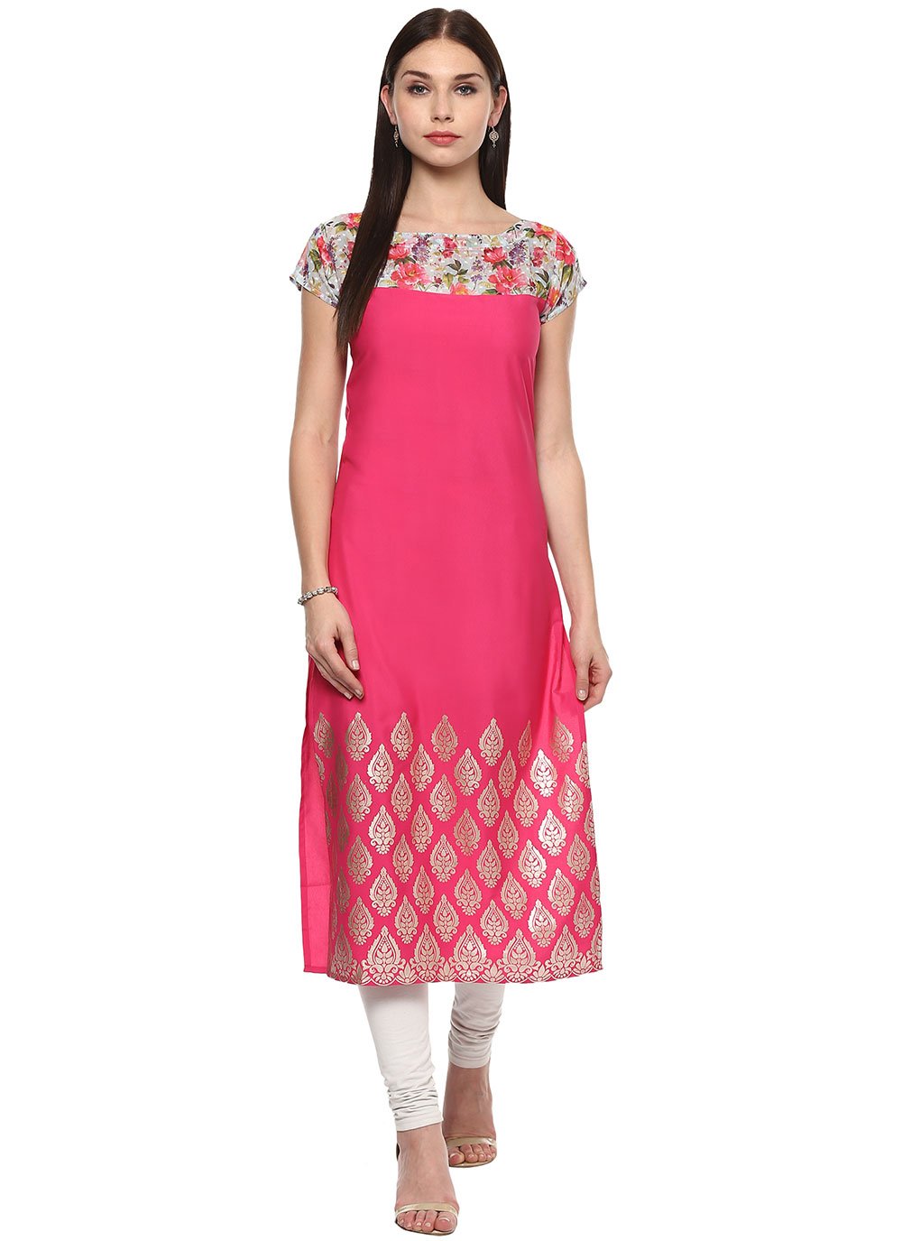 Casual Kurti Chanderi Fuchsia Foil Print Kurtis