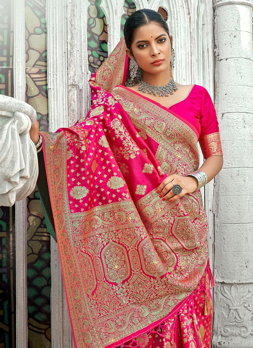 Traditional Saree Banarasi Silk Fuchsia Weaving Saree