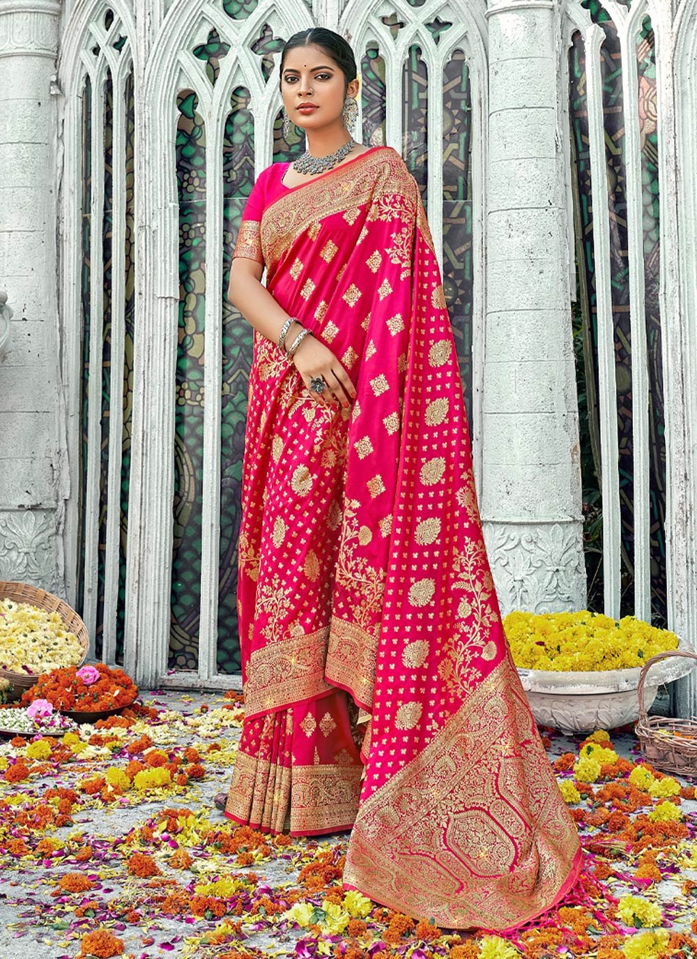 Traditional Saree Banarasi Silk Fuchsia Weaving Saree