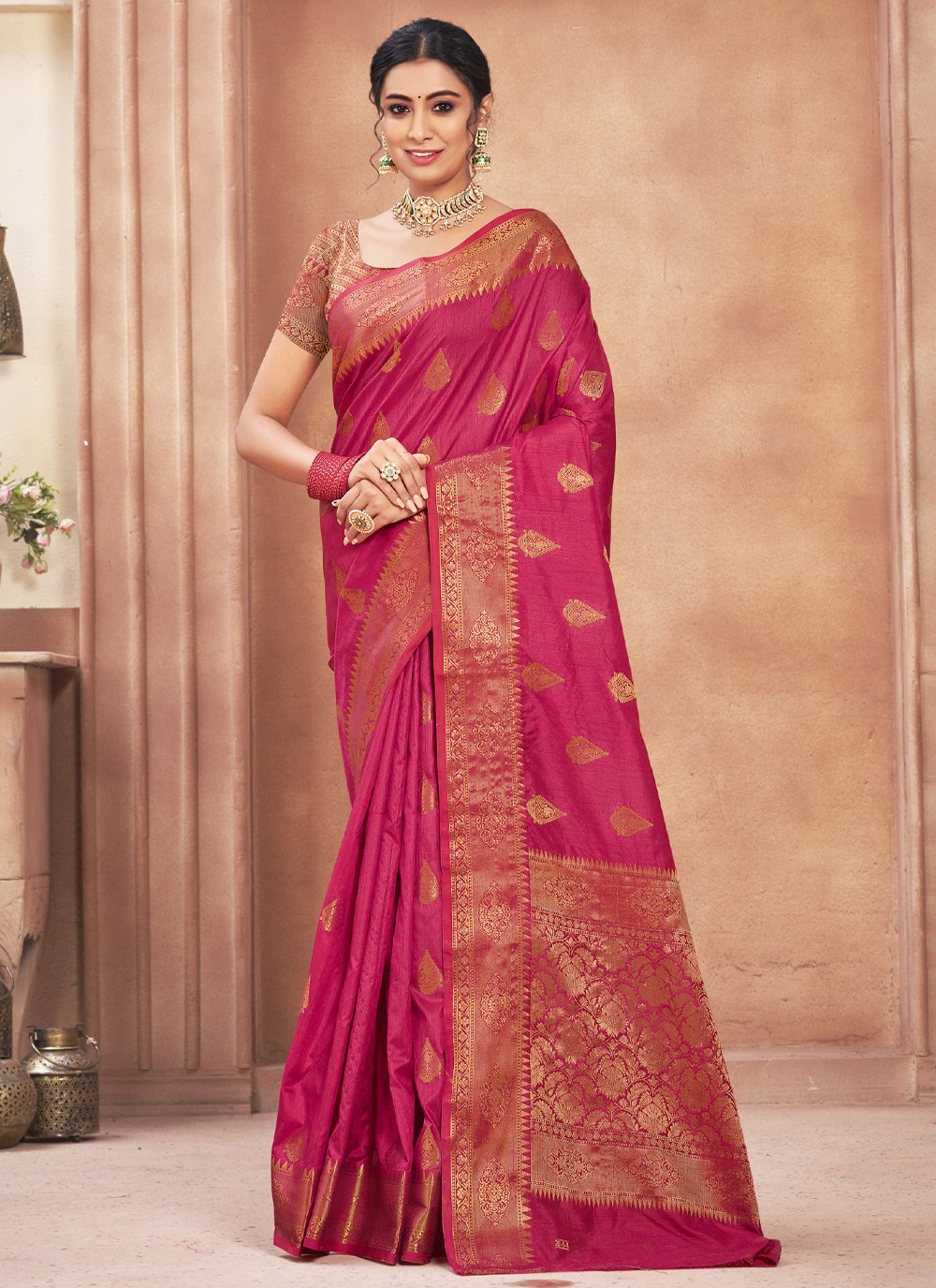 Classic Cotton Silk Fuchsia Embroidered Saree