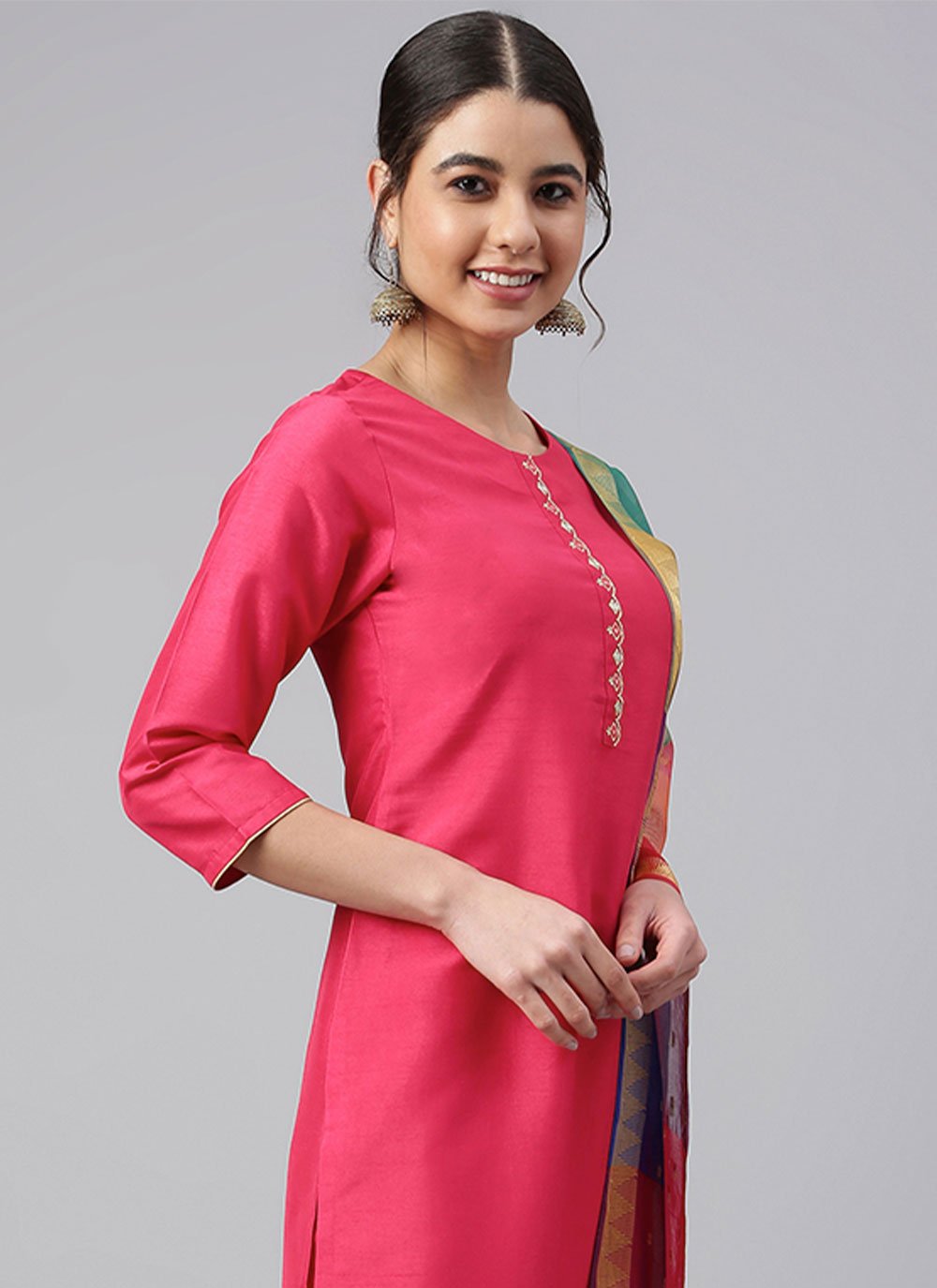 Straight Salwar Suit Poly Silk Fuchsia Plain Salwar Kameez