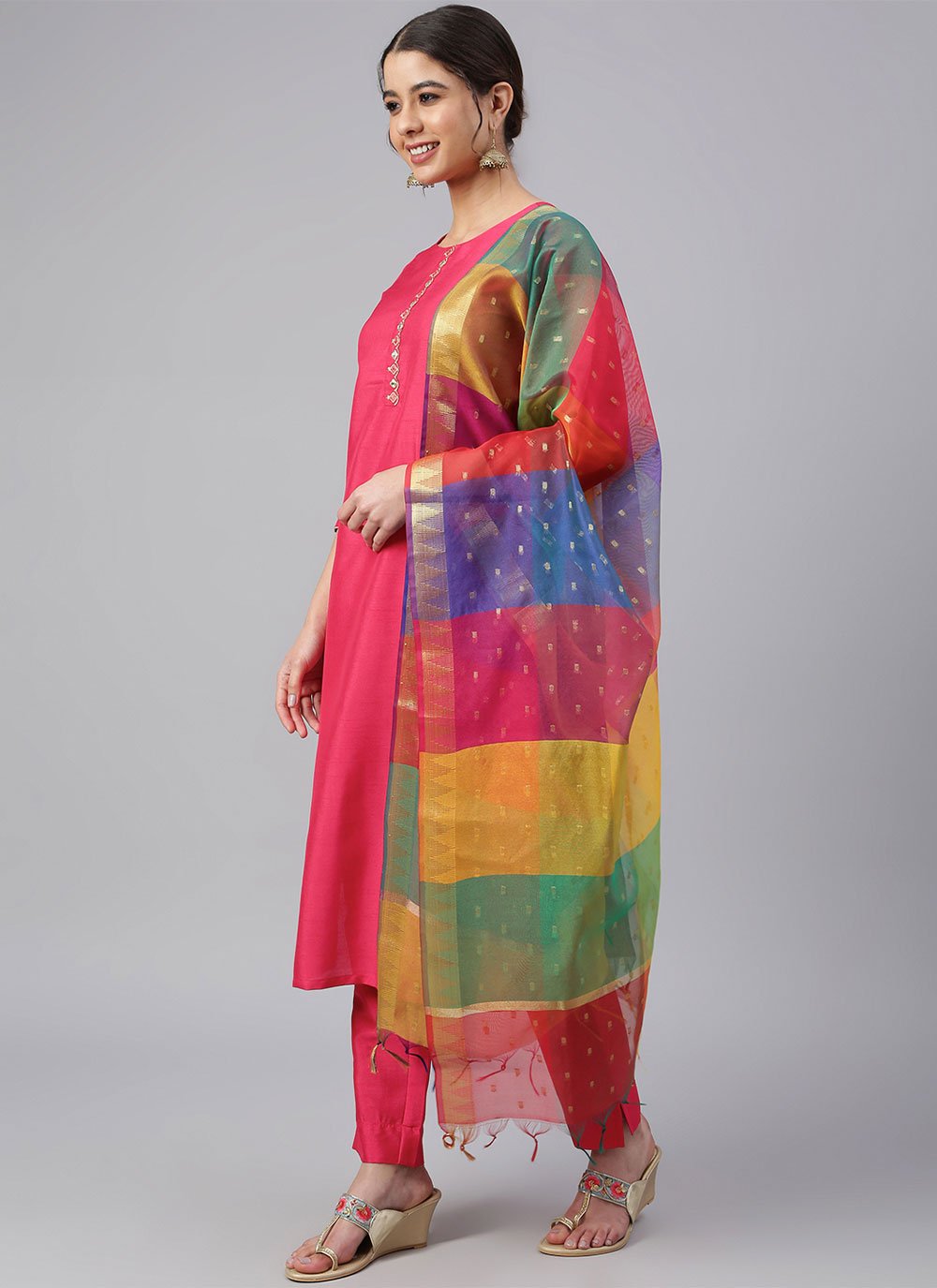 Straight Salwar Suit Poly Silk Fuchsia Plain Salwar Kameez