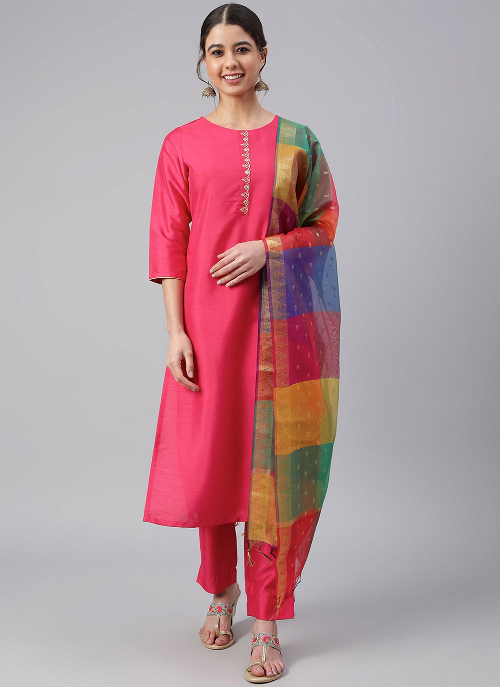 Straight Salwar Suit Poly Silk Fuchsia Plain Salwar Kameez