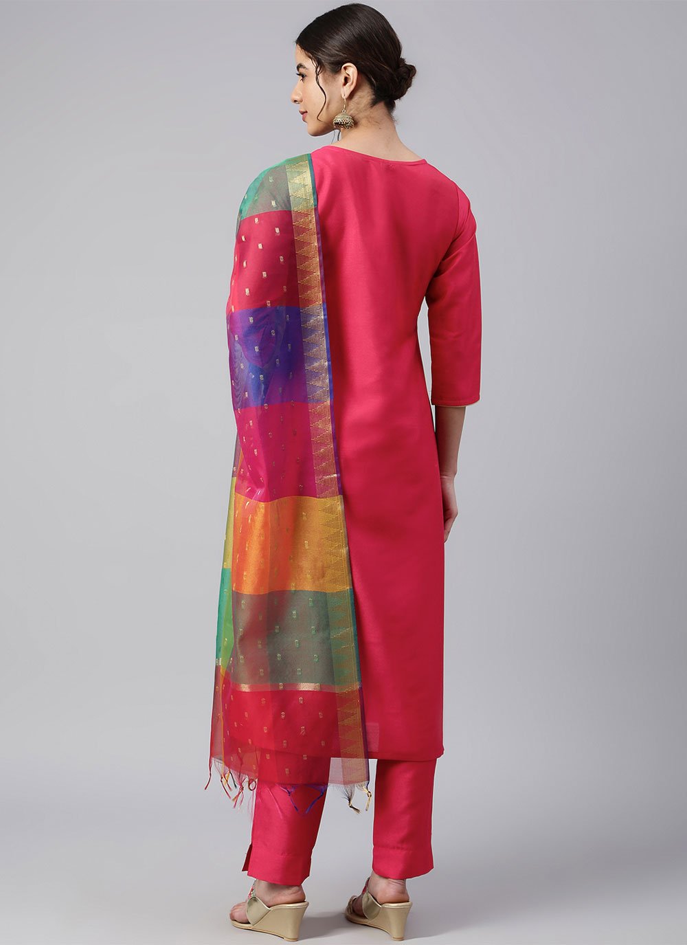 Straight Salwar Suit Poly Silk Fuchsia Plain Salwar Kameez