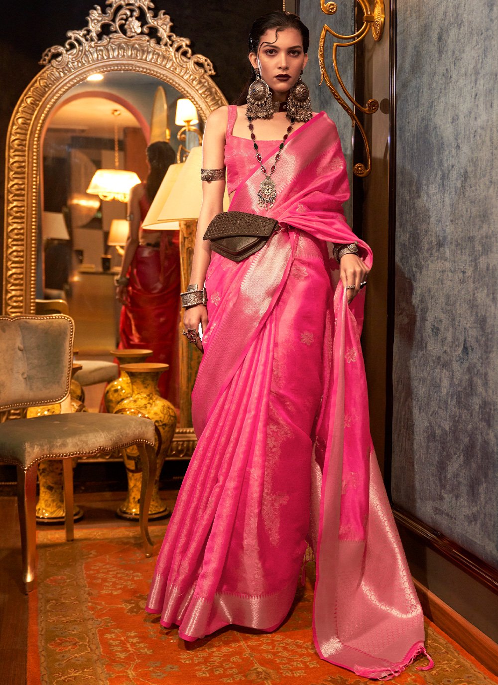 Contemporary Organza Fuchsia Weaving Saree