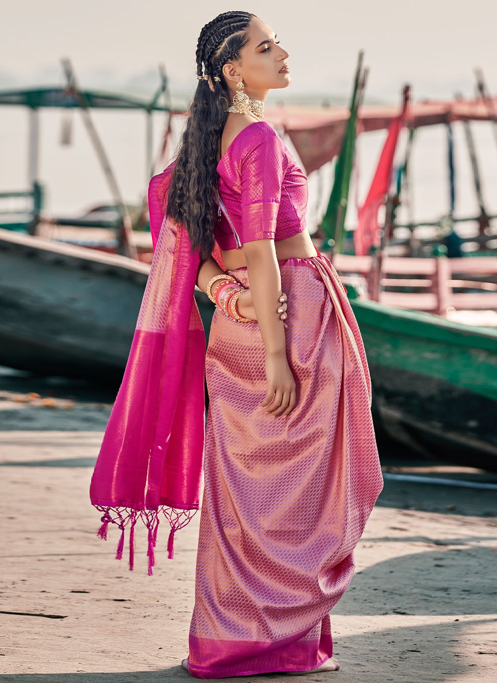 Contemporary Silk Fuchsia Weaving Saree