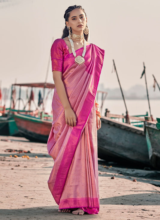 Contemporary Silk Fuchsia Weaving Saree