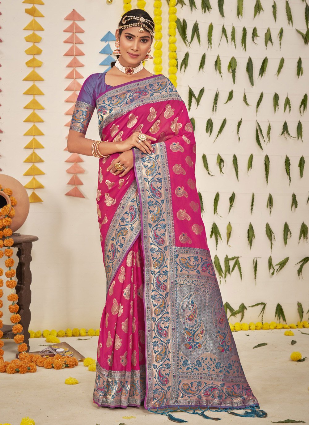 Traditional Saree Silk Fuchsia Foil Print Saree