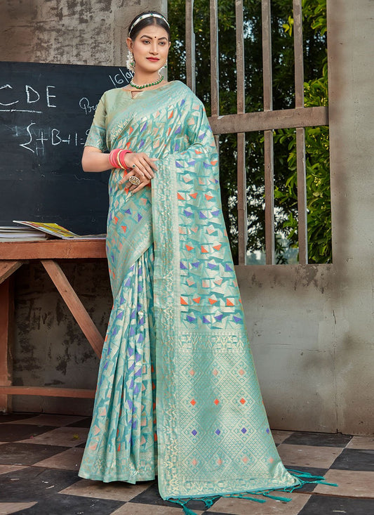 Traditional Saree Cotton Turquoise Embroidered Saree