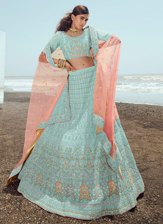 A Line Lehenga Georgette Turquoise Embroidered Lehenga Choli