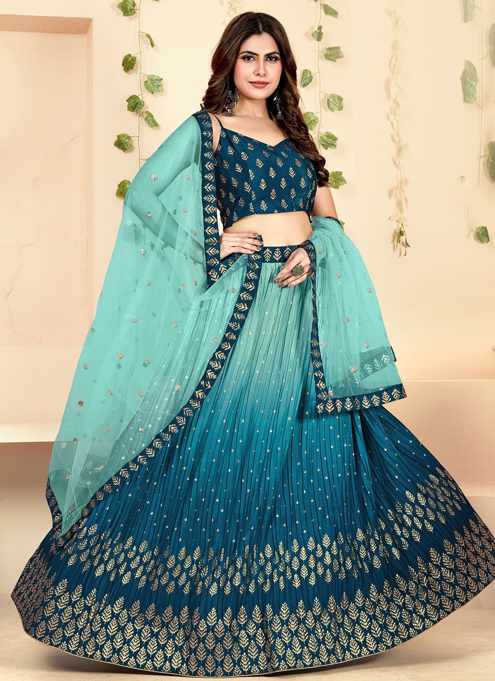 A Line Lehenga Georgette Blue Foil Print Lehenga Choli