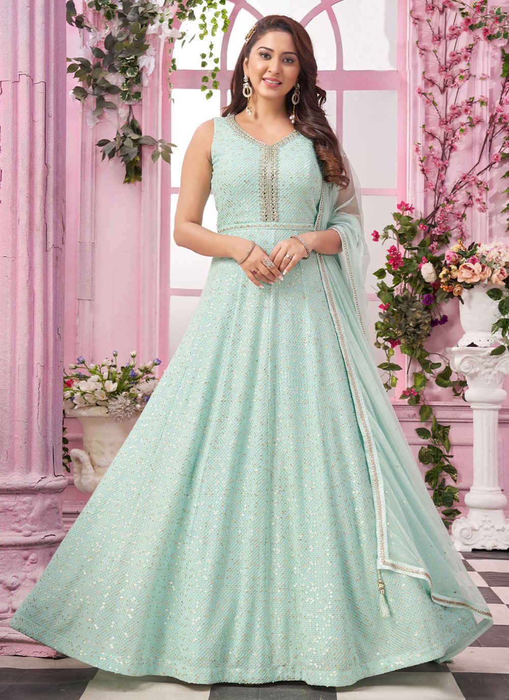 Anarkali Suit Georgette Aqua Blue Sequins Salwar Kameez