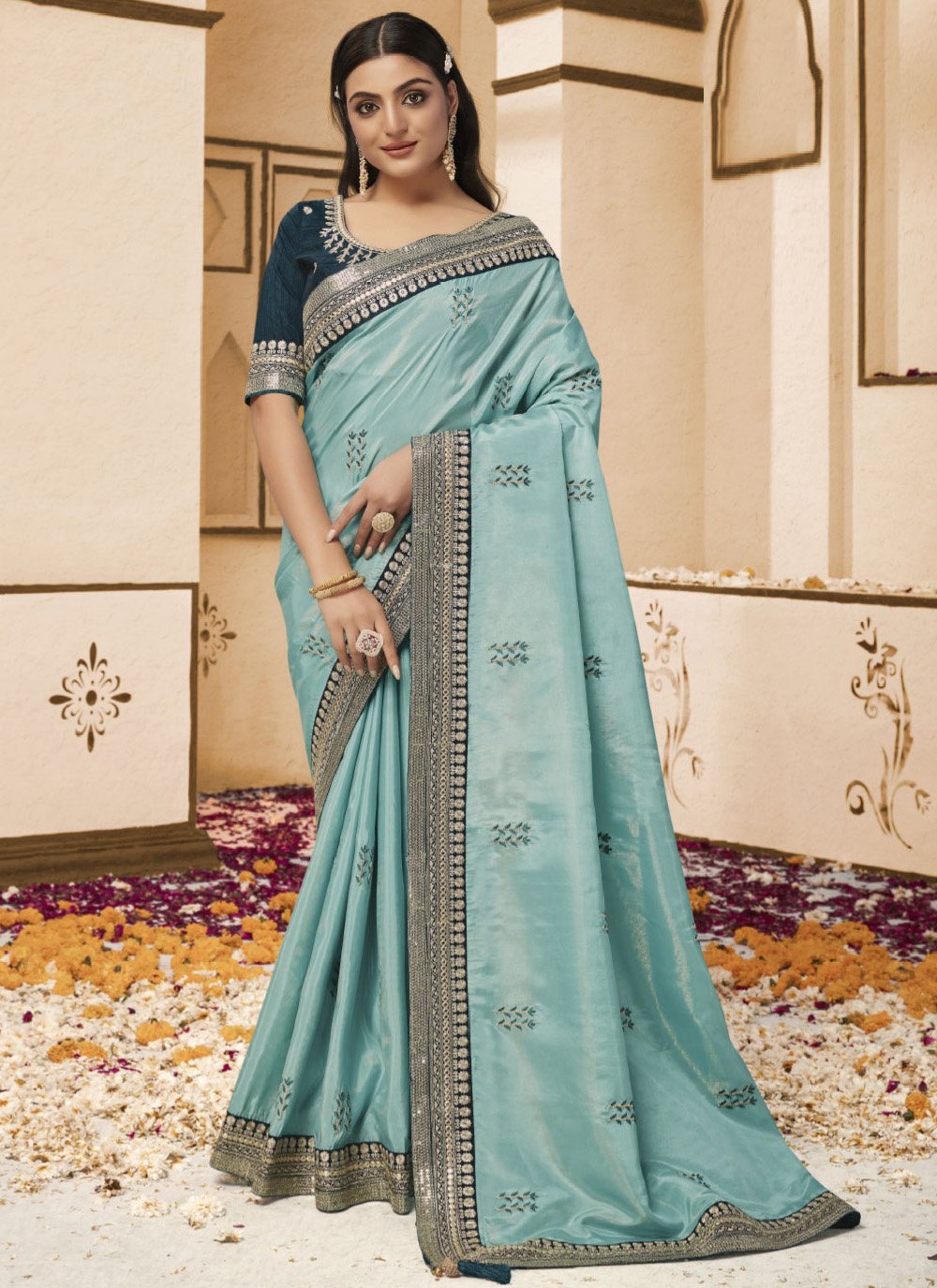 Contemporary Georgette Aqua Blue Patch Border Saree