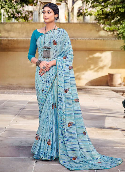 Classic Georgette Aqua Blue Print Saree