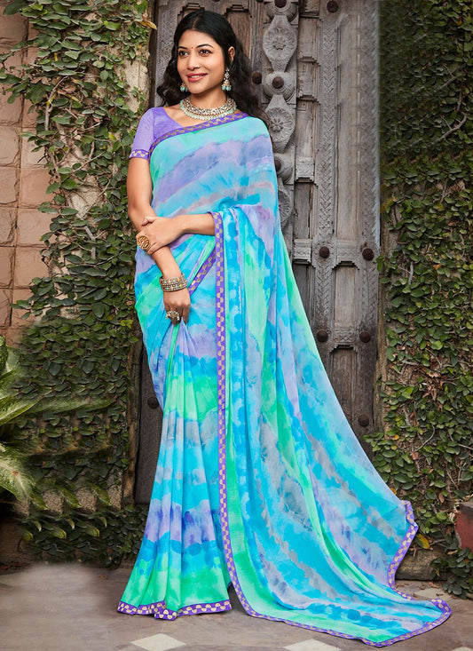 Contemporary Georgette Jacquard Aqua Blue Fancy Work Saree