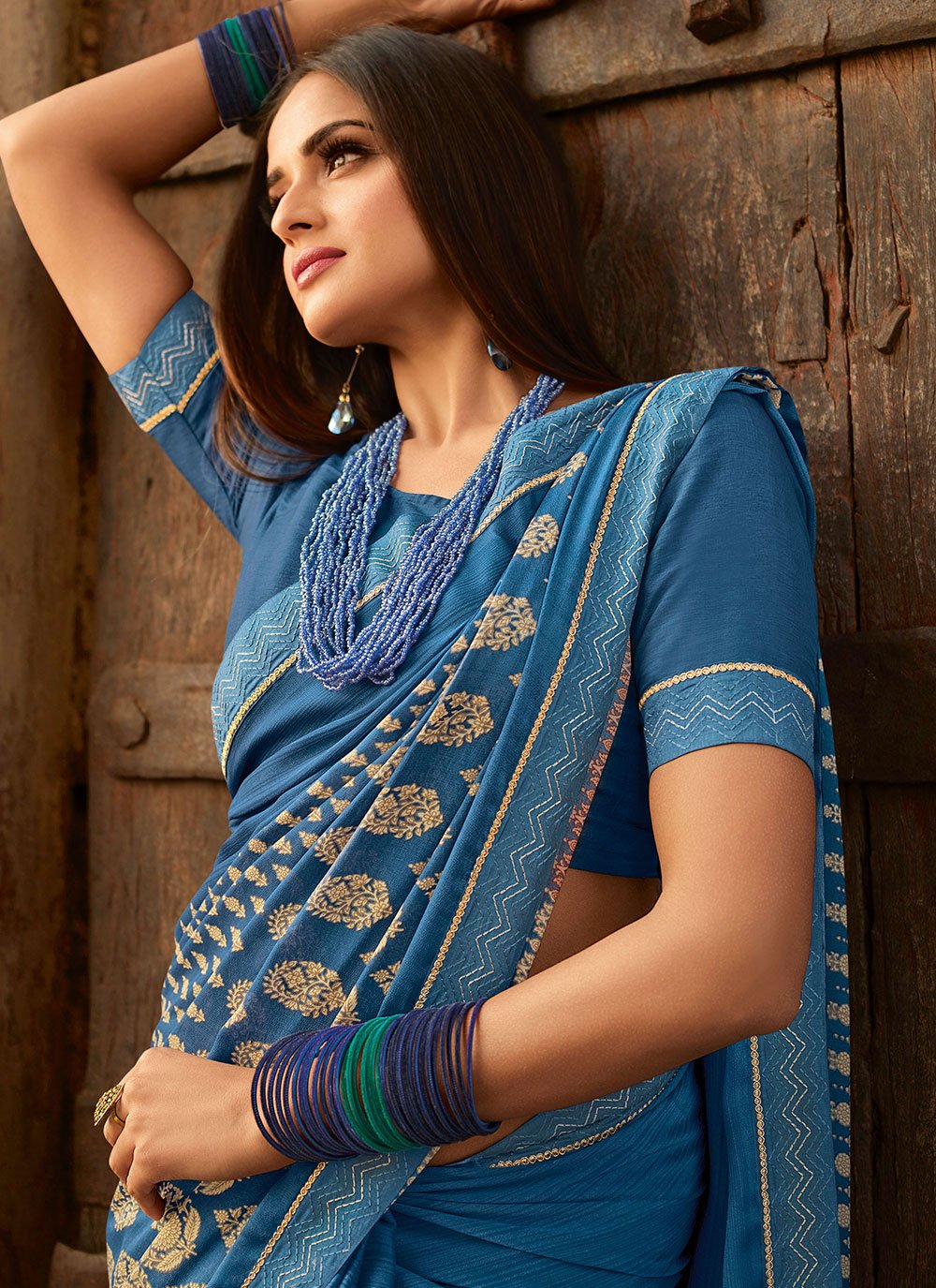 Contemporary Georgette Aqua Blue Lace Saree