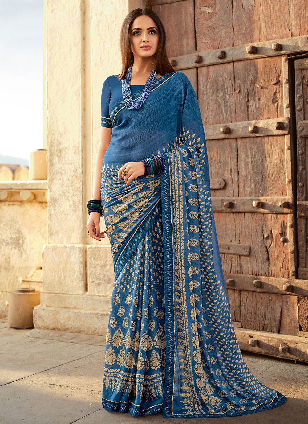 Contemporary Georgette Aqua Blue Lace Saree