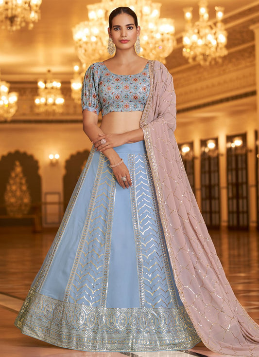 Lehenga Choli Georgette Aqua Blue Embroidered Lehenga Choli