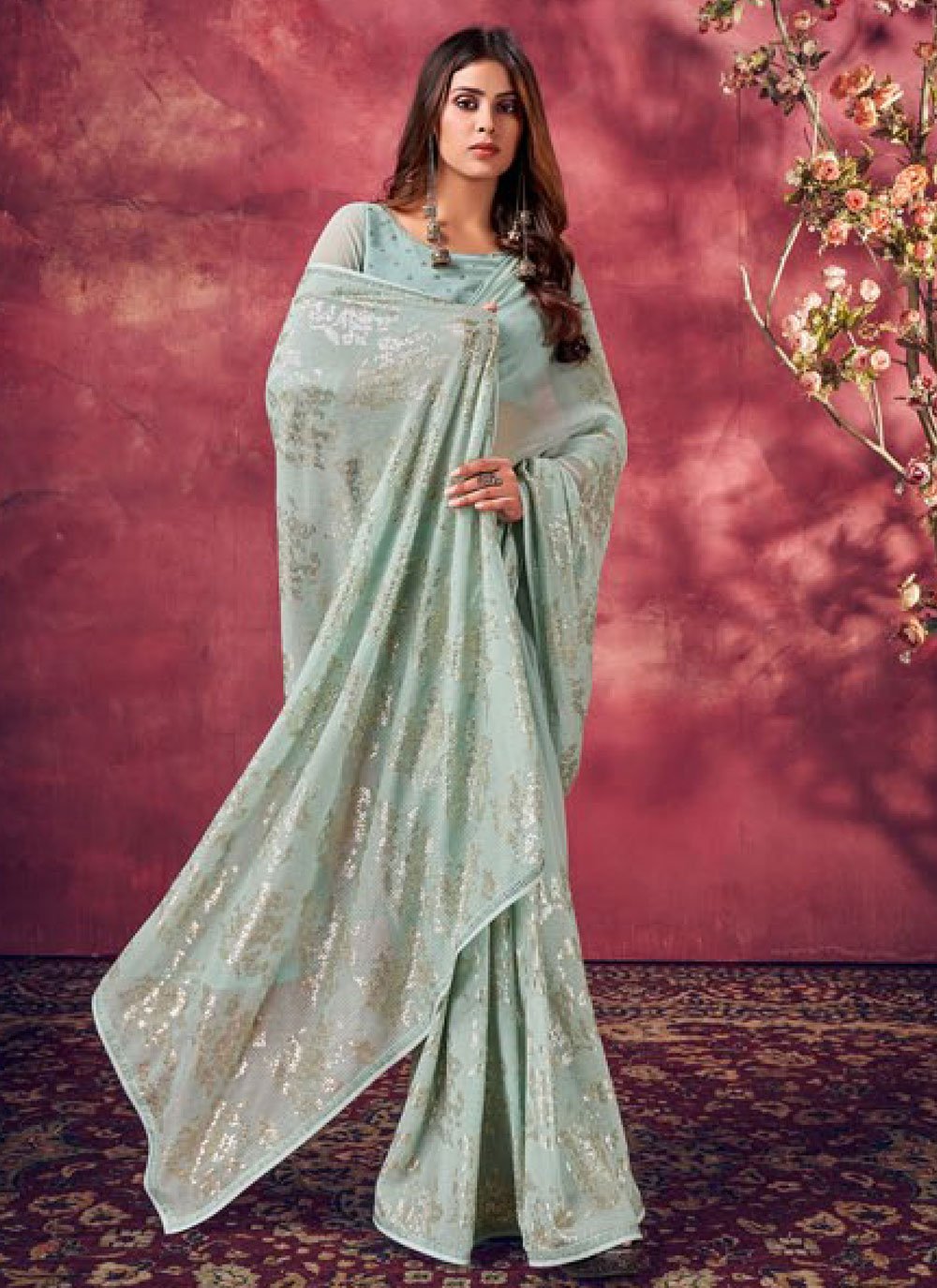 Classic Georgette Aqua Blue Fancy Work Saree